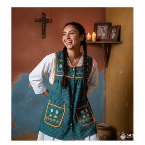 Green Mexican Embroidered Apron Basic Handmade Apron with Floral Design 19x30 in